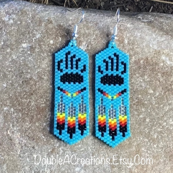 Bear Paw with Native Feathers Beaded Earrings, New, Handmade by Me - Picture 1 of 7
